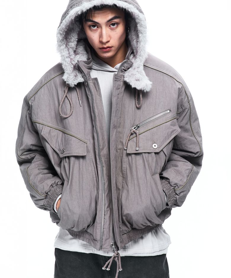 FUR LINE HOODIED PARKA - GRAY