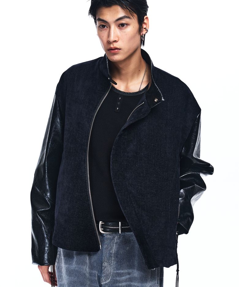 LEATHER MIX CURVED JACKET - NAVY
