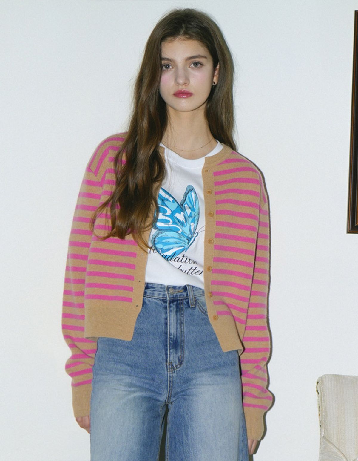 블레티(VLETI) Cashmere Round Stripe Knit Cardigan (Pink)
