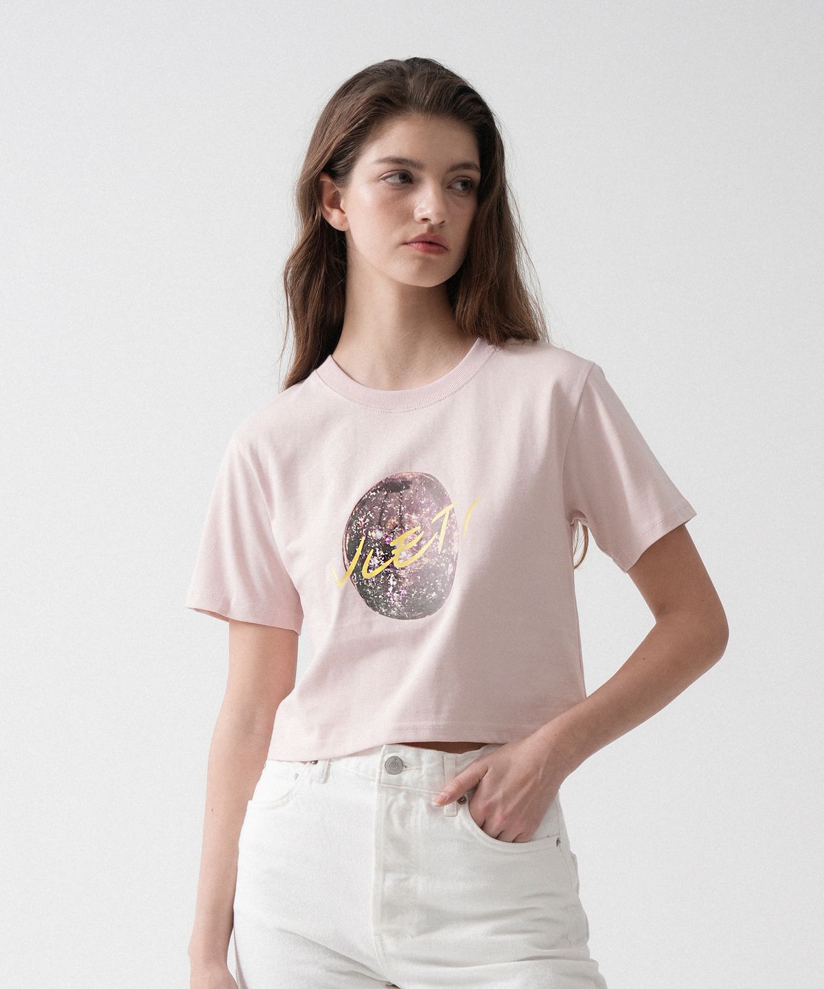 블레티(VLETI) Stone Art Work Printing Crop T-shirt (Pink)