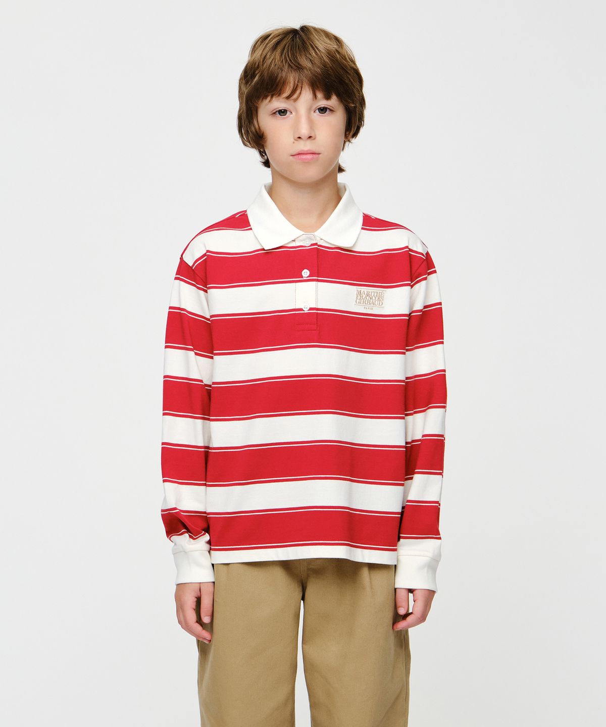 마리떼 키즈(MARITHÉ KIDS) KIDS MICRO CLASSIC LOGO STRIPED COLLAR LONG SLEEVE TEE red