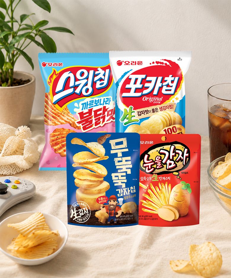 눈을감자 5개 + 스윙칩 까르보불닭 5개 + 포카칩 오리지널 5개 + 무뚝뚝감자칩 5개