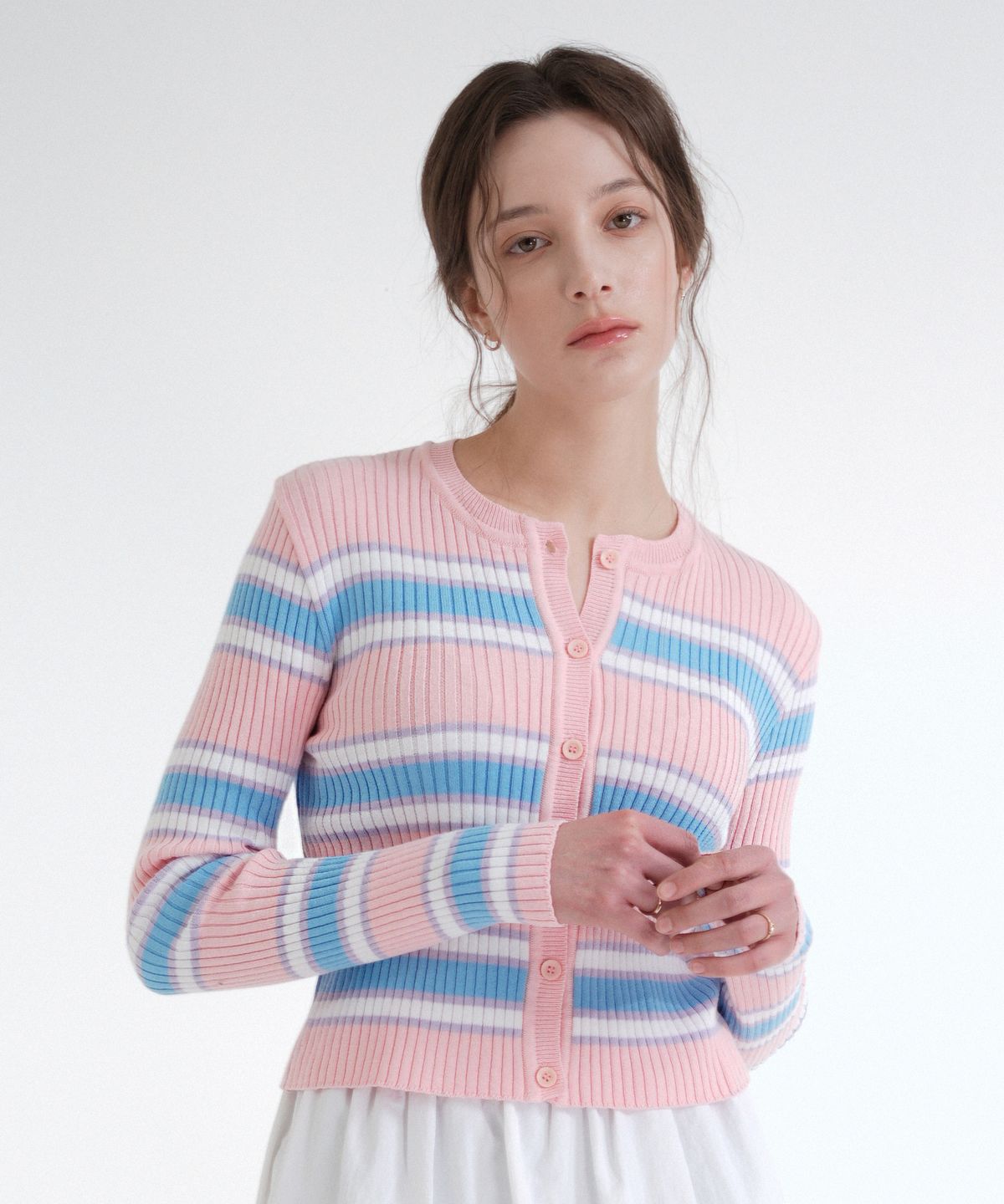 블레티(VLETI) Cotton Round Stripe Knit Cardigan (Pink)