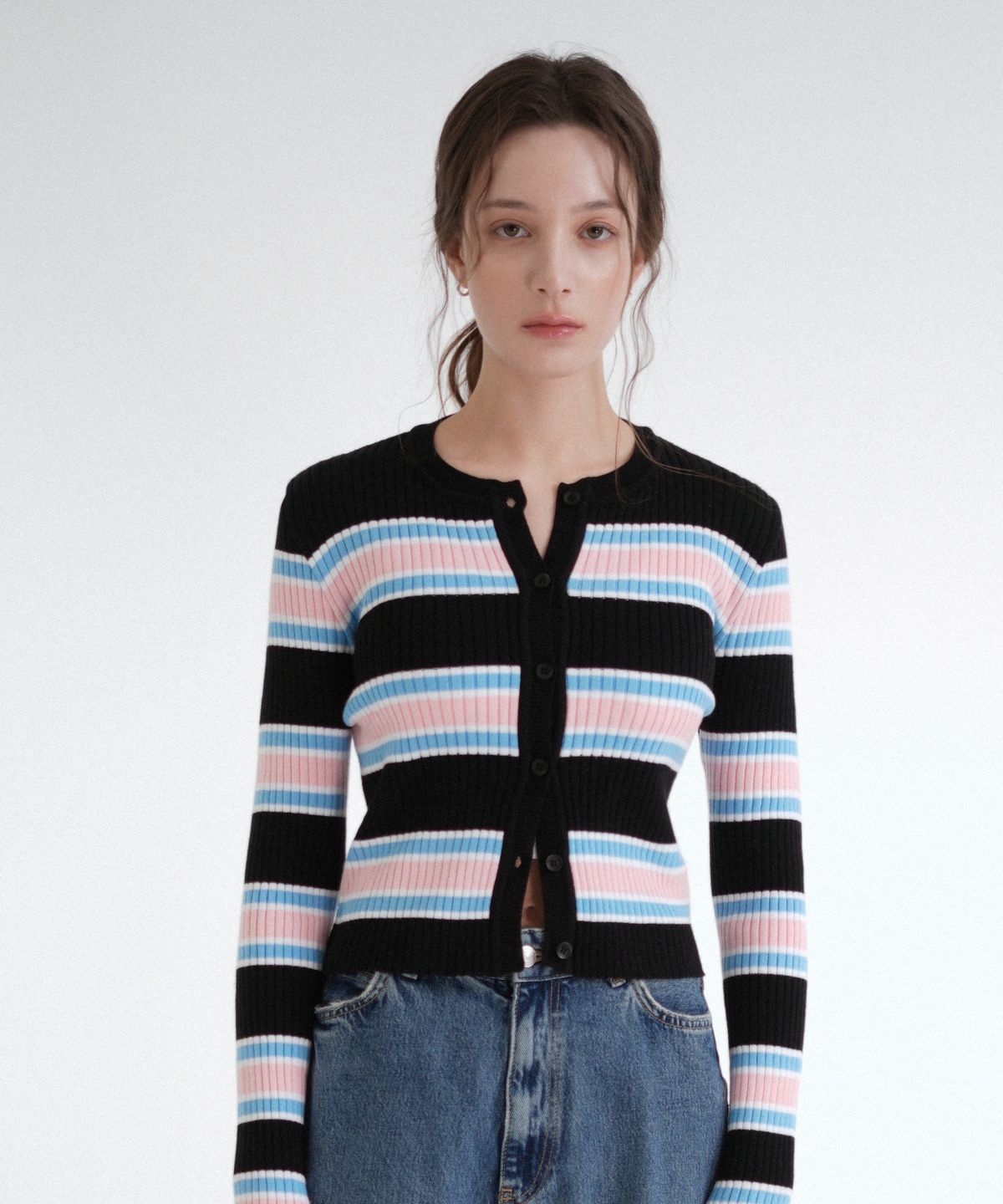 블레티(VLETI) Cotton Round Stripe Knit Cardigan (Black)