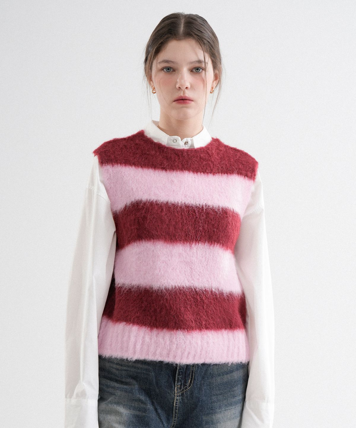 블레티(VLETI) Wool Stripe Brush Knit Vest (Pink)