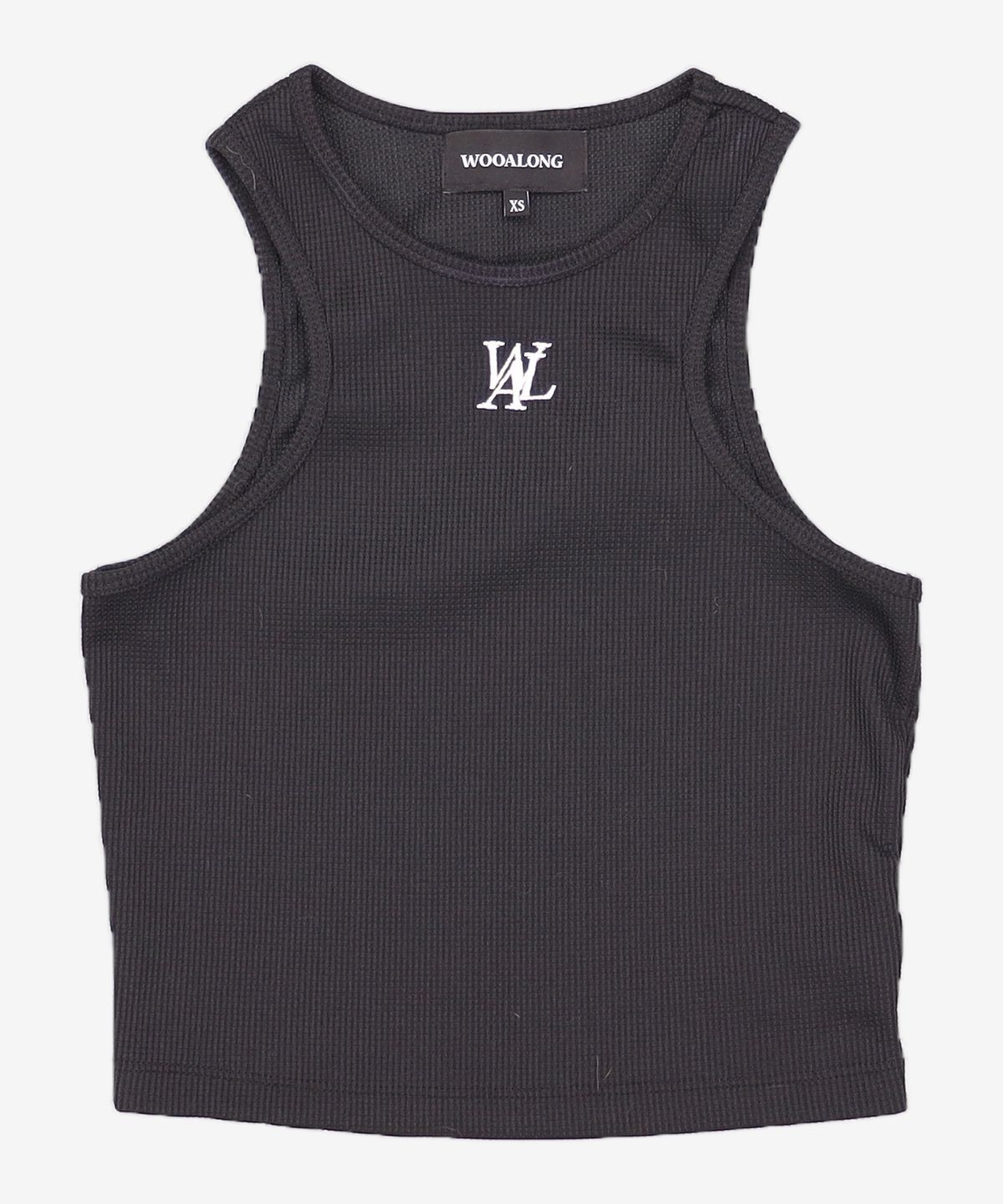 우알롱(WOOALONG) Signature waffle halter neck crop top - BLACK XS