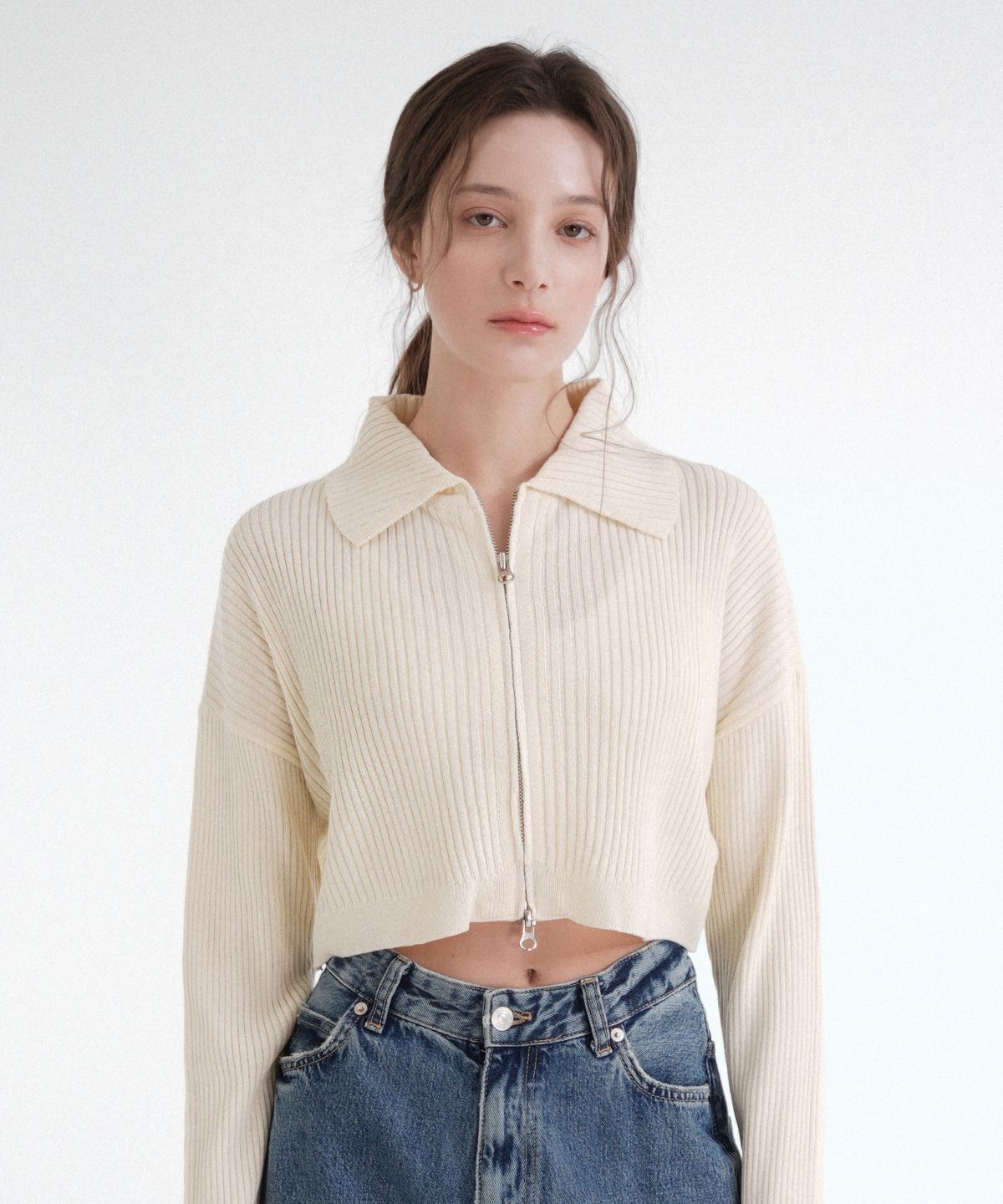 블레티(VLETI) Wool Calla Two-way Crop Knit Cardigan (Ivory)