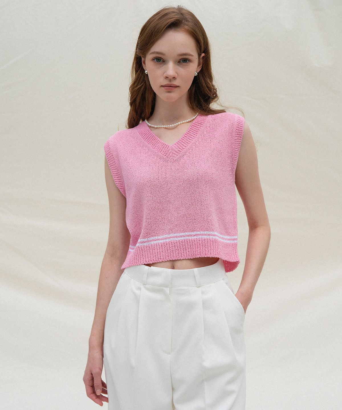 블레티(VLETI) Summer V-neck Color Matching Knit Sleeveless (Pink)
