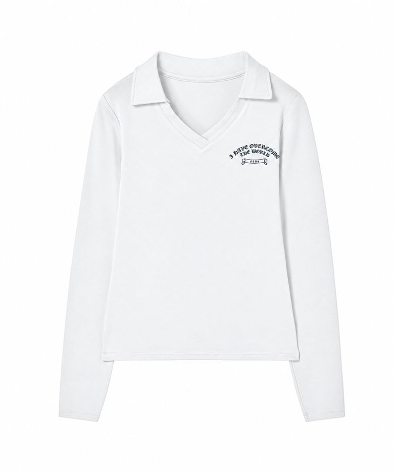 V-Neck Collar Back Point Long Sleeve White