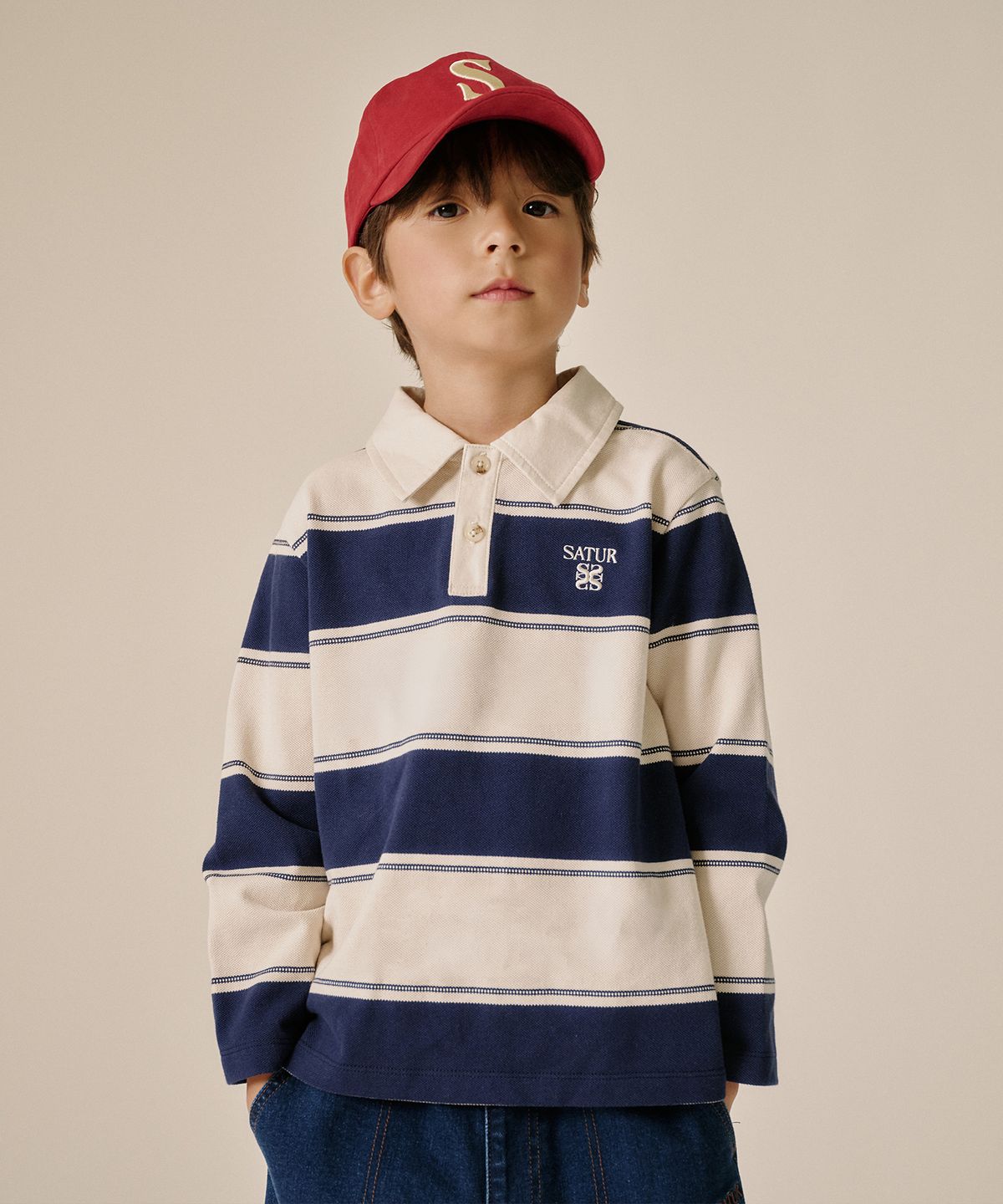 세터 키즈(SATUR KIDS) (K) 럭비 스트라이프 피케 롱 슬리브 네이비