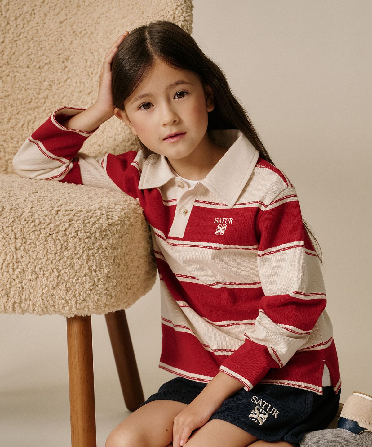 세터 키즈(SATUR KIDS) (K) 럭비 스트라이프 피케 롱 슬리브 레드