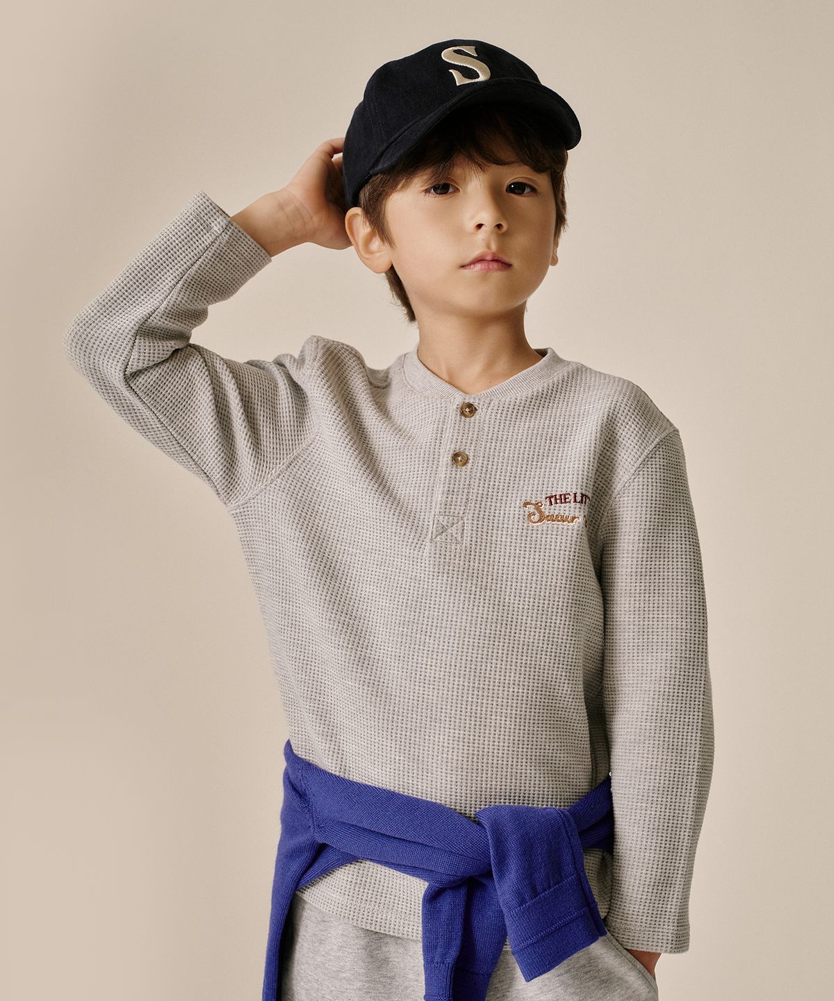 세터 키즈(SATUR KIDS) (K) 와플 헨리넥 롱 슬리브 멜란지 그레이