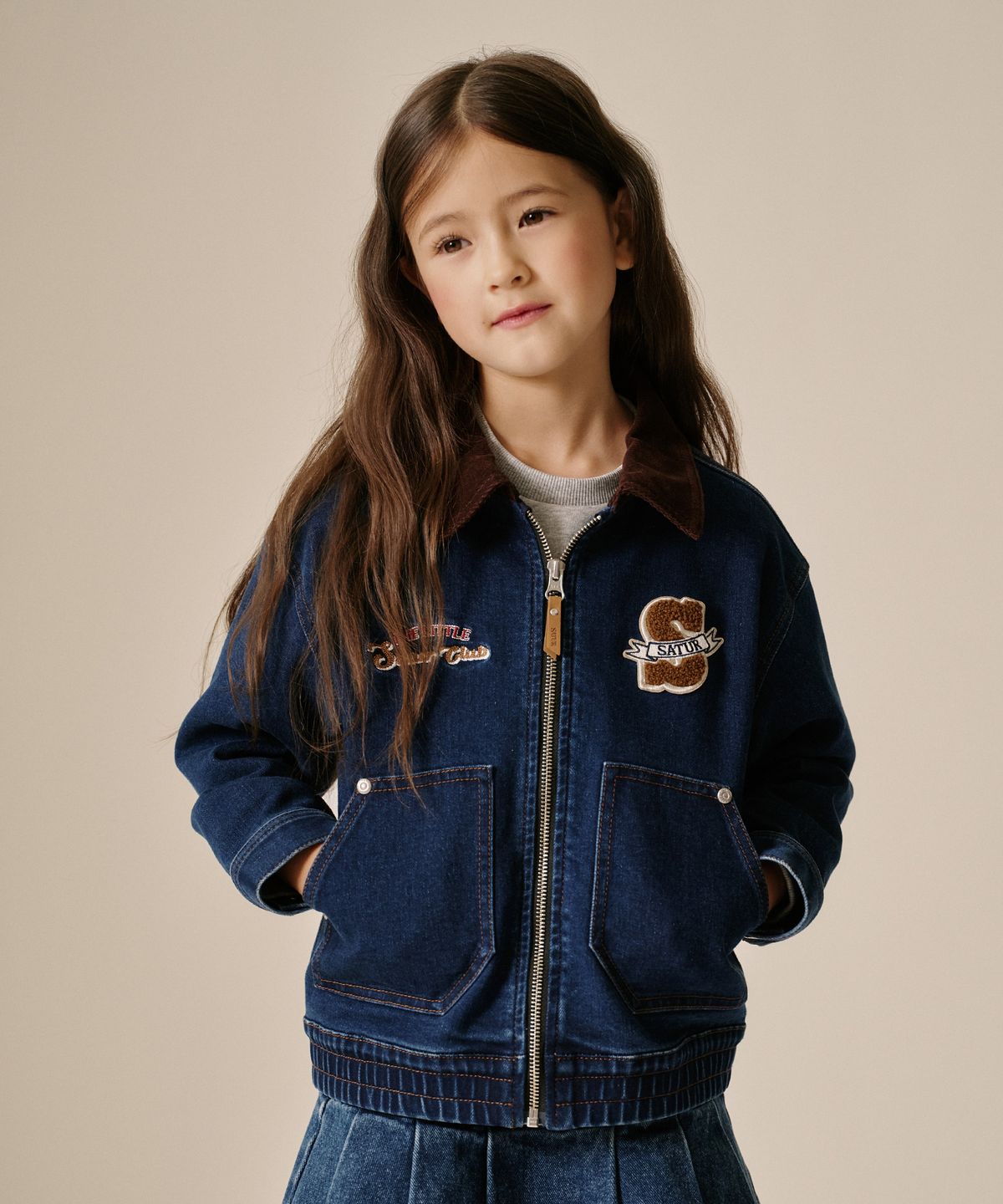 세터 키즈(SATUR KIDS) (K) 코듀로이 칼라 데님 자켓 딥 블루