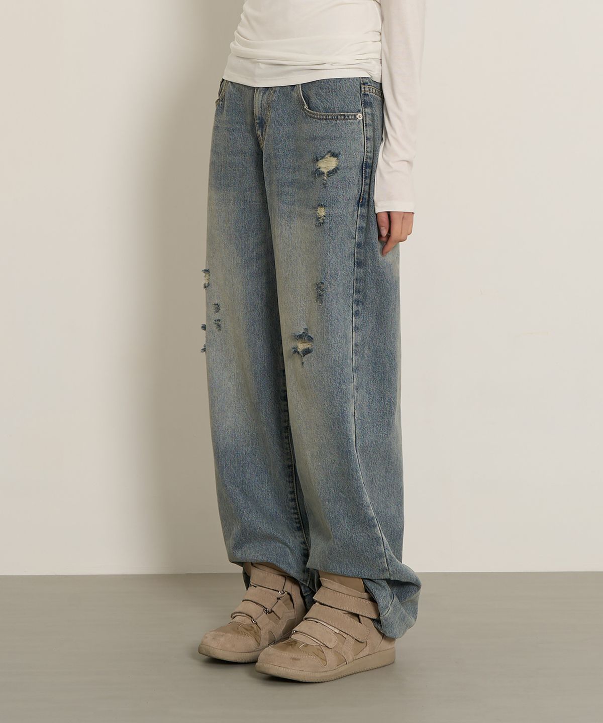 페플리(PEPLEE) Double Back Pocket Damage Denim Pants (Blue)