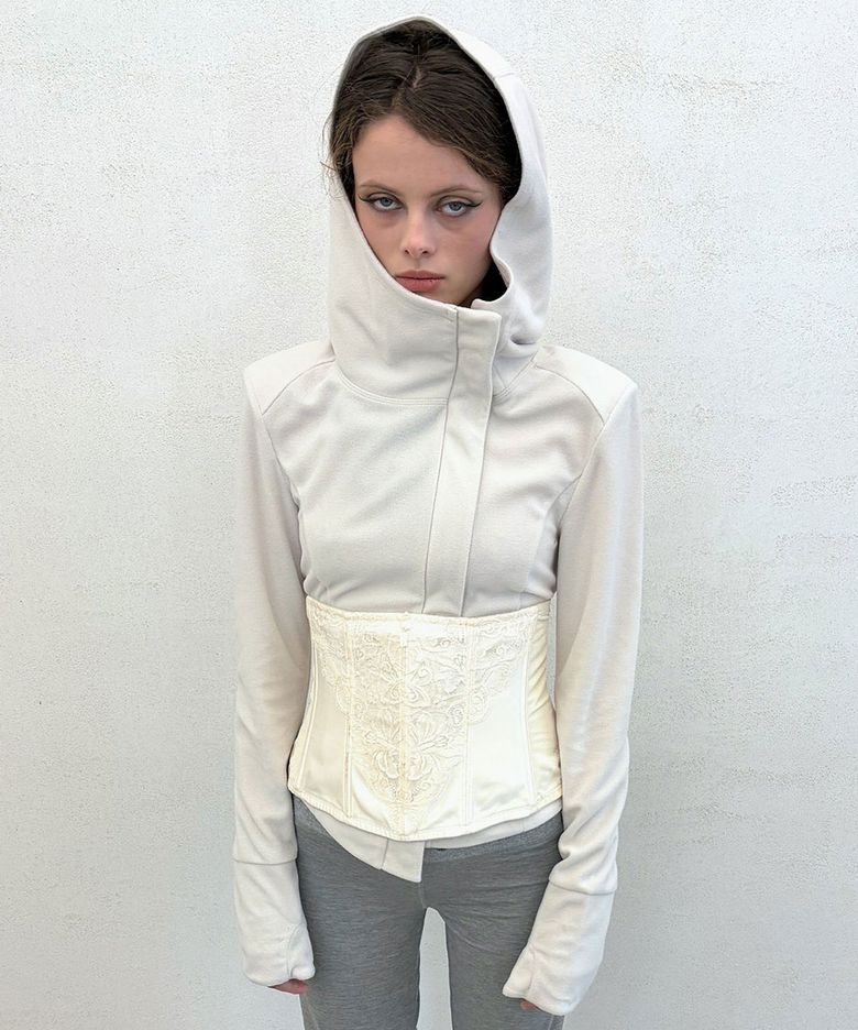 Hooded Zip-Up Fleece Jacket Dirty White