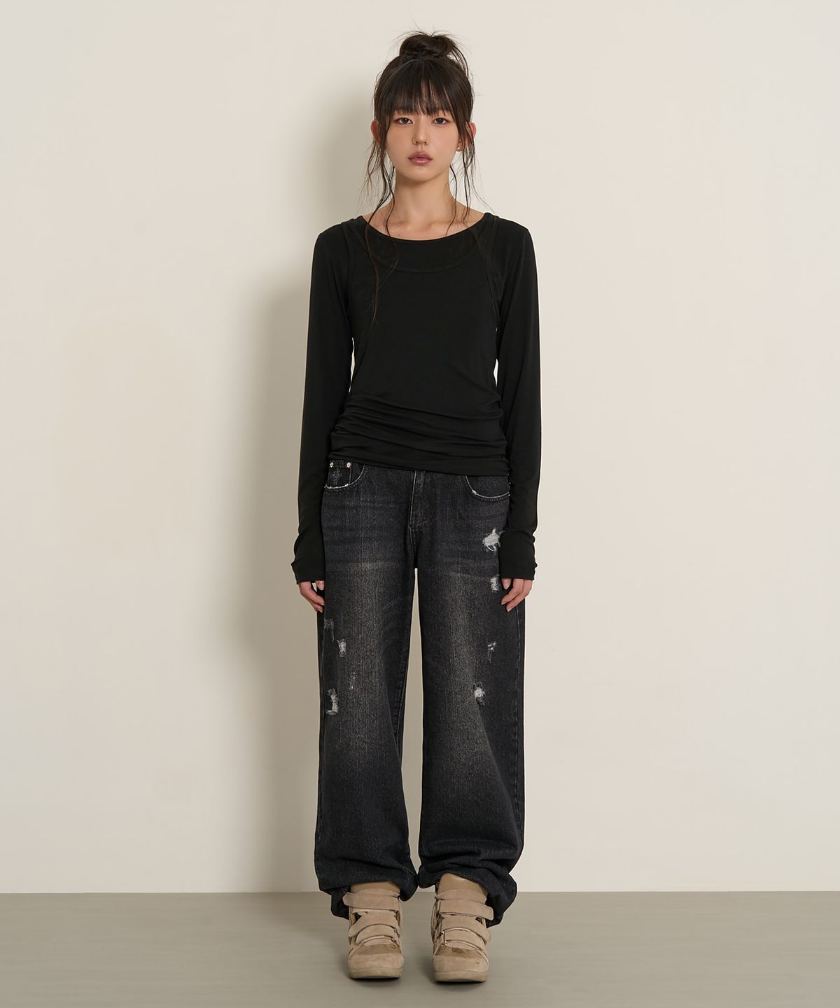 페플리(PEPLEE) Double Back Pocket Damage Denim Pants (Black)