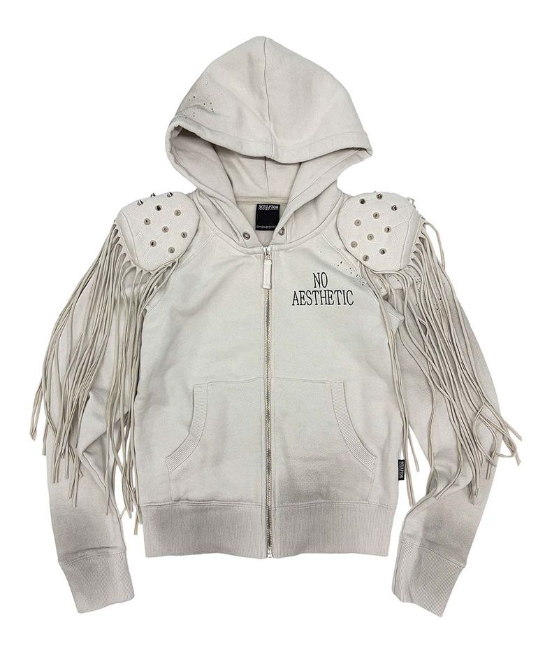 Padded Shoulder Zip-Up Hoodie Dirty White