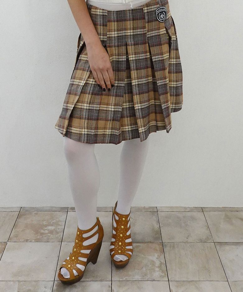 Plaid Pleated Midi Skirt Beige