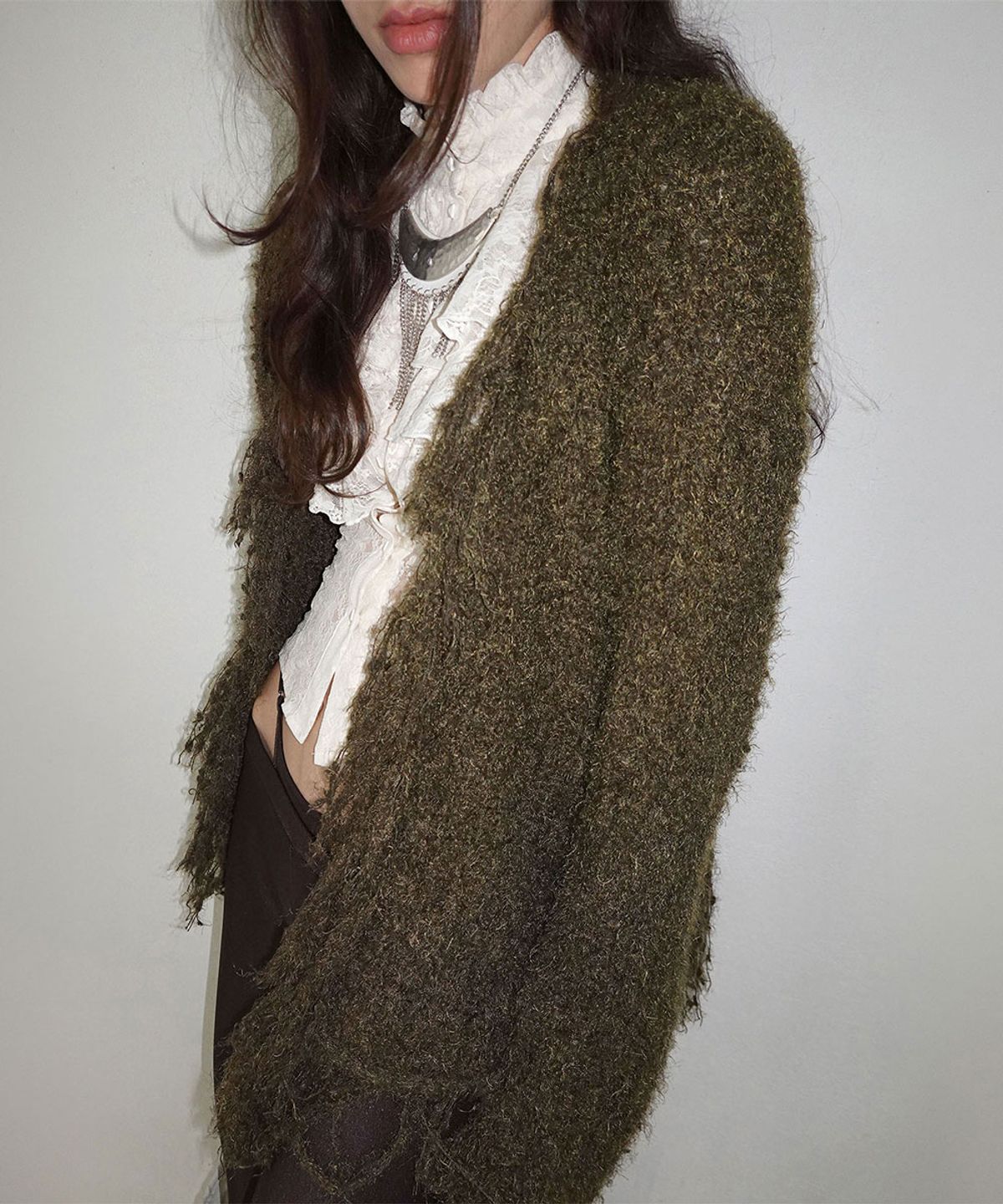 스컬프터(SCULPTOR) Fuzzy Fringe Cardigan Khaki