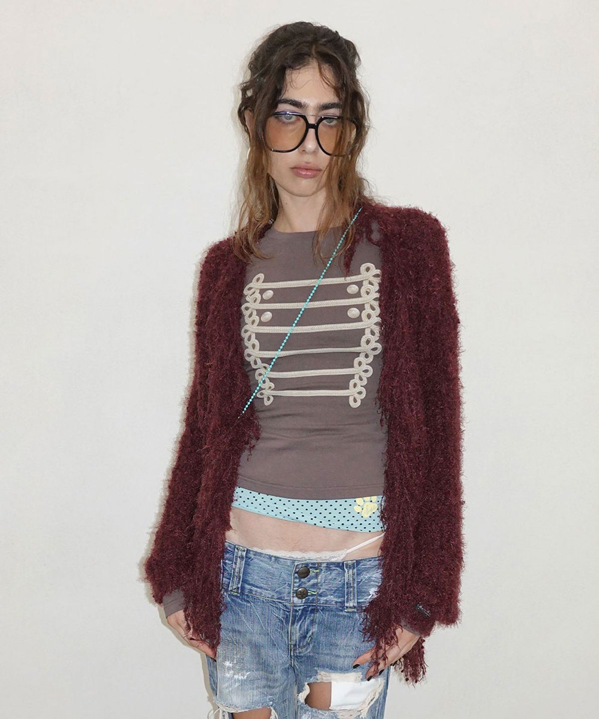 스컬프터(SCULPTOR) Fuzzy Fringe Cardigan Deep Plum