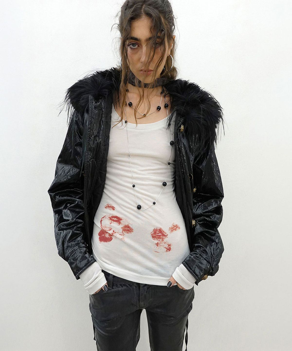 스컬프터(SCULPTOR) Glossy Fur Trim Jacket Black