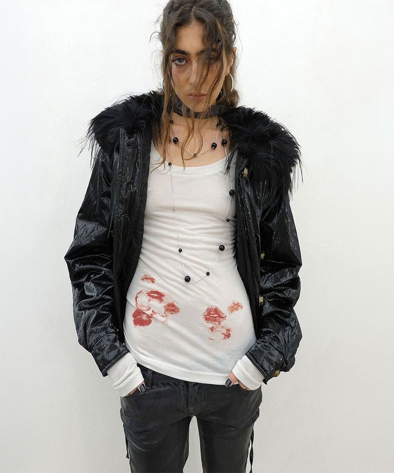 Glossy Fur Trim Jacket Black