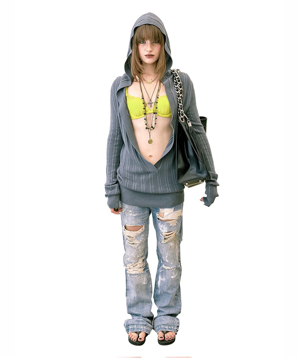 스컬프터(SCULPTOR) Deep V Cut Hooded Sweater Heather Charcoal