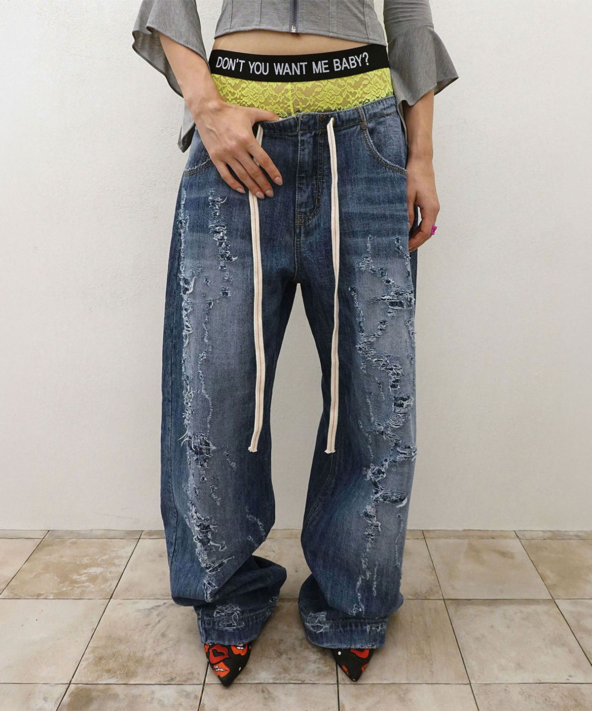 스컬프터(SCULPTOR) Distressed Layered Jeans Mid Blue