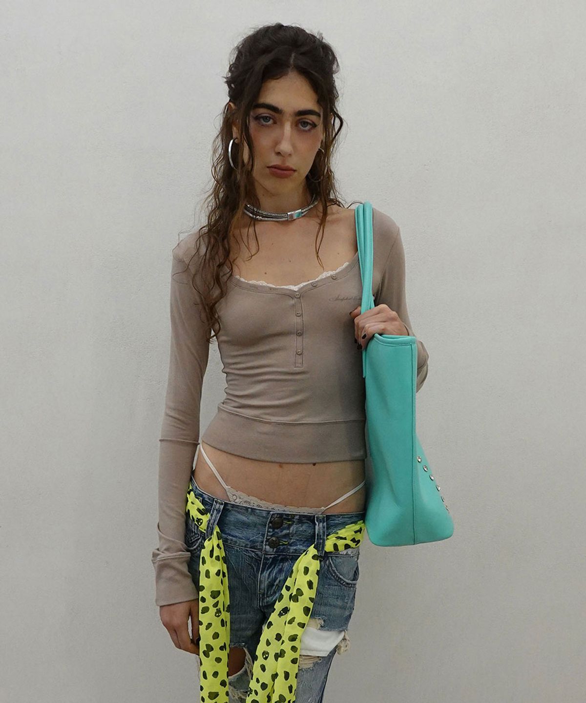스컬프터(SCULPTOR) Lace Trim Henley Top Beige