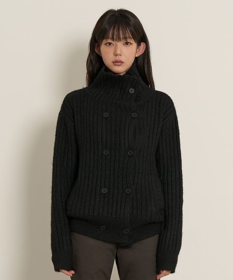 Double Button High Neck Cardigan (Black)
