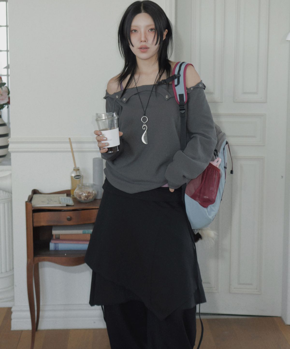 미쏘(MIXXO) 와플 스냅 긴팔 티셔츠_MIWLWG934A
