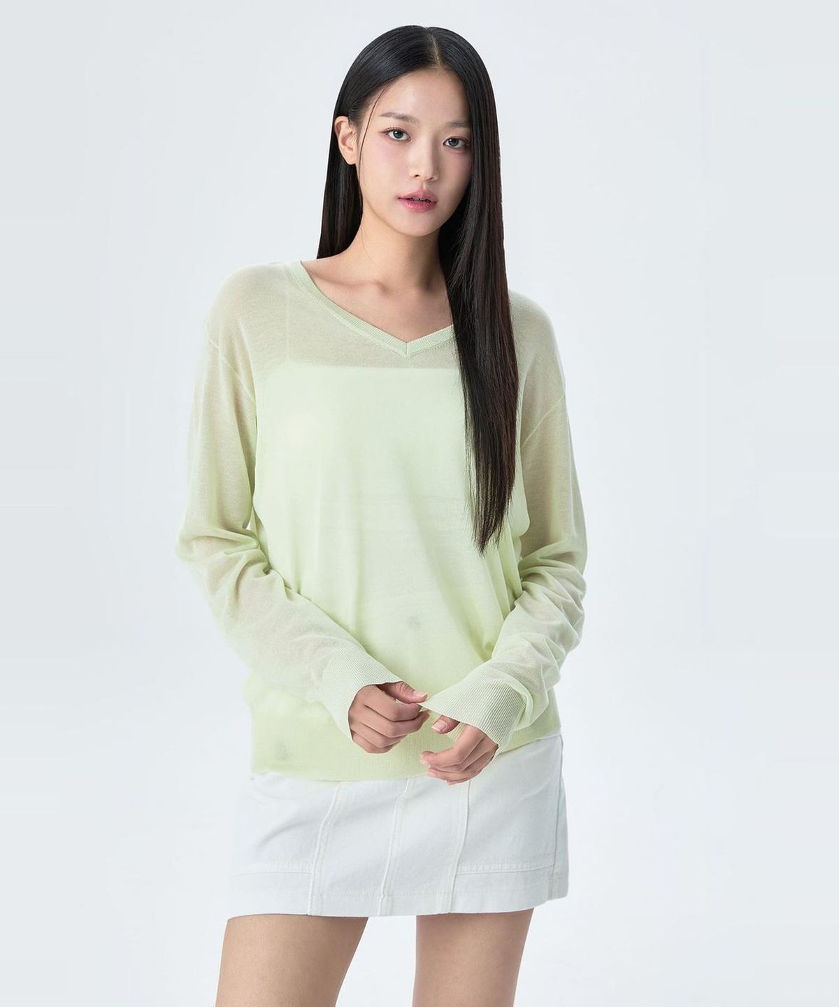 미쏘(MIXXO) 시스루 브이넥 니트_MIWKAG919T