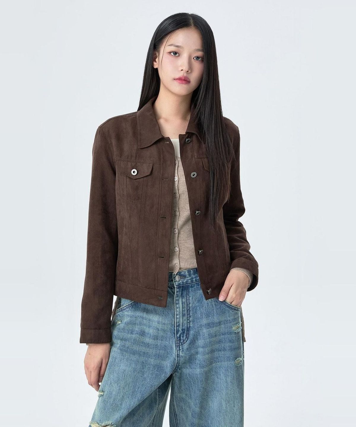 미쏘(MIXXO) 페이크 스웨이드 트러커자켓_MIWJLG901G