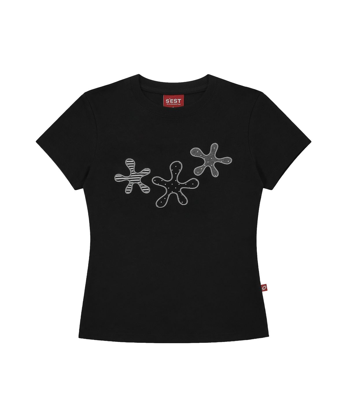 에스이에스티(S'EST) Dot Flower Slim Fit T-shirts Black