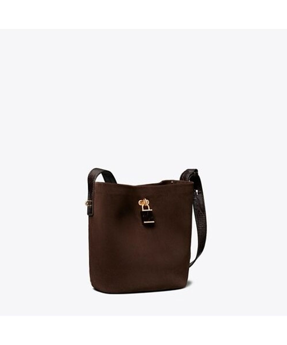 토리버치(TORYBURCH) 락 스웨이드 슬림 미디엄 버킷백 - 다크 코코아