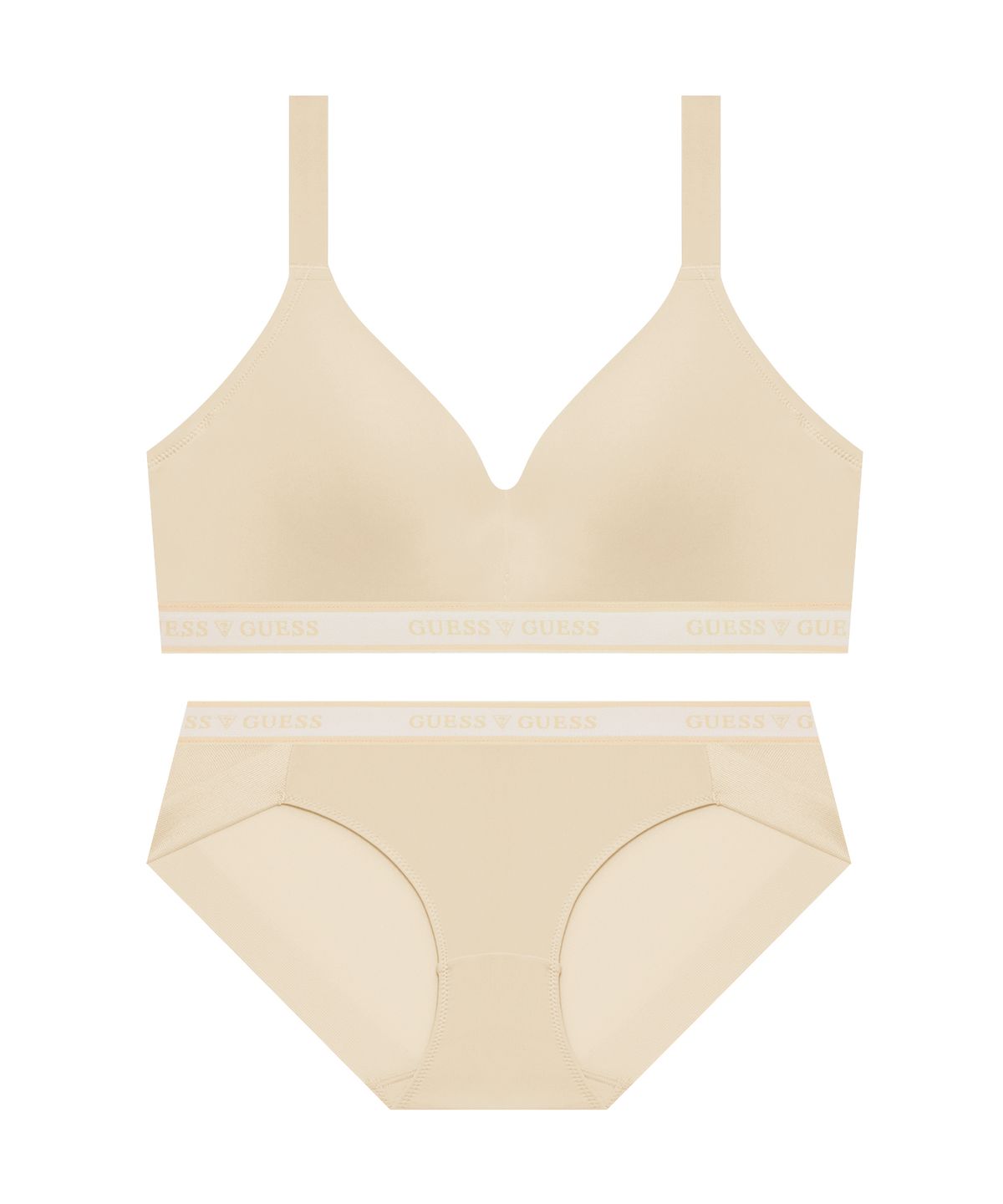 게스언더웨어(GUESS UNDERWEAR) 에어 메쉬몰드 노와이어 브라 팬티 세트 - 딥베이지