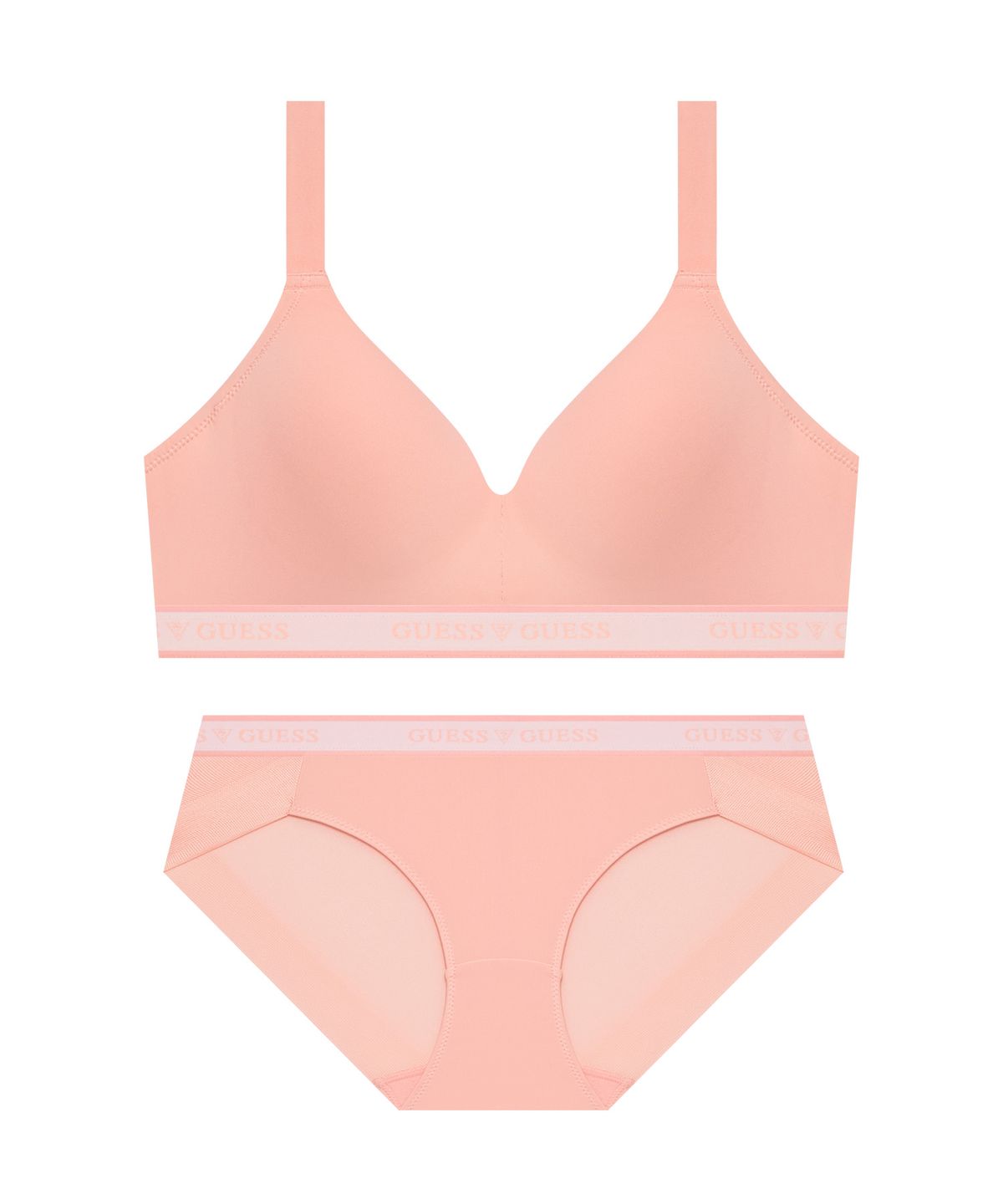 게스언더웨어(GUESS UNDERWEAR) 에어 메쉬몰드 노와이어 브라 팬티 세트 - 코랄