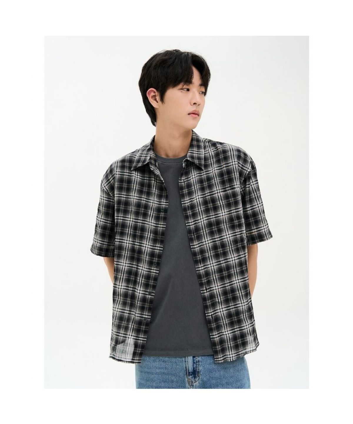 에잇세컨즈(8SECONDS) 시어 체크 반소매 셔츠  블랙