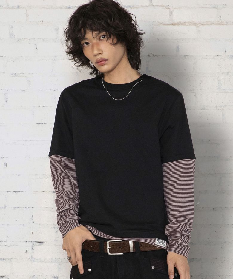 [소미 pick] XTT166 롤업 레이어드 크롭 롱슬리브 (STRIPE BLACK)