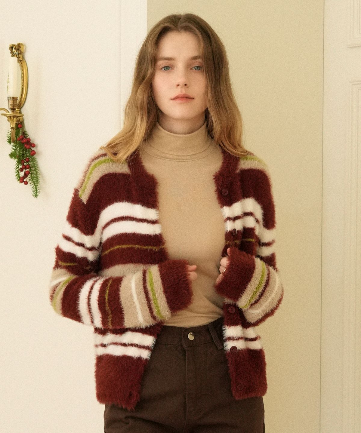 블레티(VLETI) Color Scheme Striped Knit Cardigan (Burgundy)