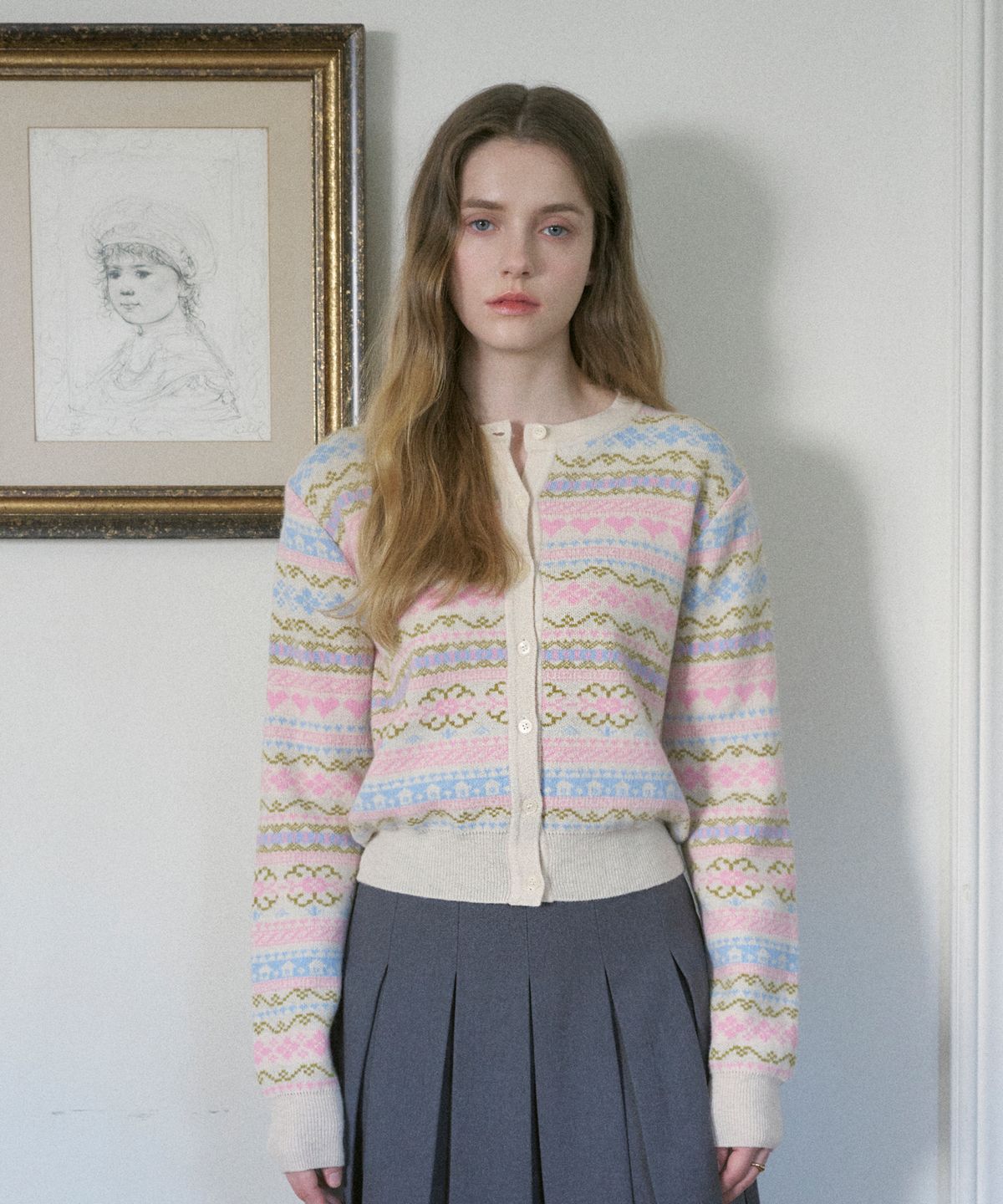 블레티(VLETI) Wool Scheme Jacquard Knit Cardigan (Cream)
