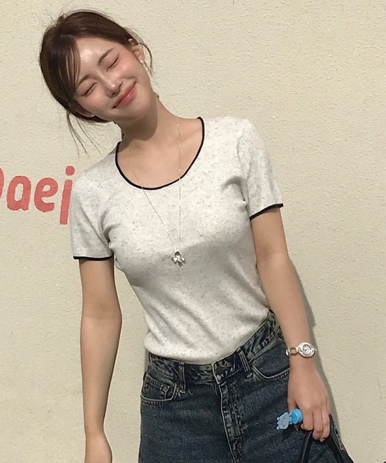 [W]린넨 혼방 멜란지 U넥 반팔 니트
