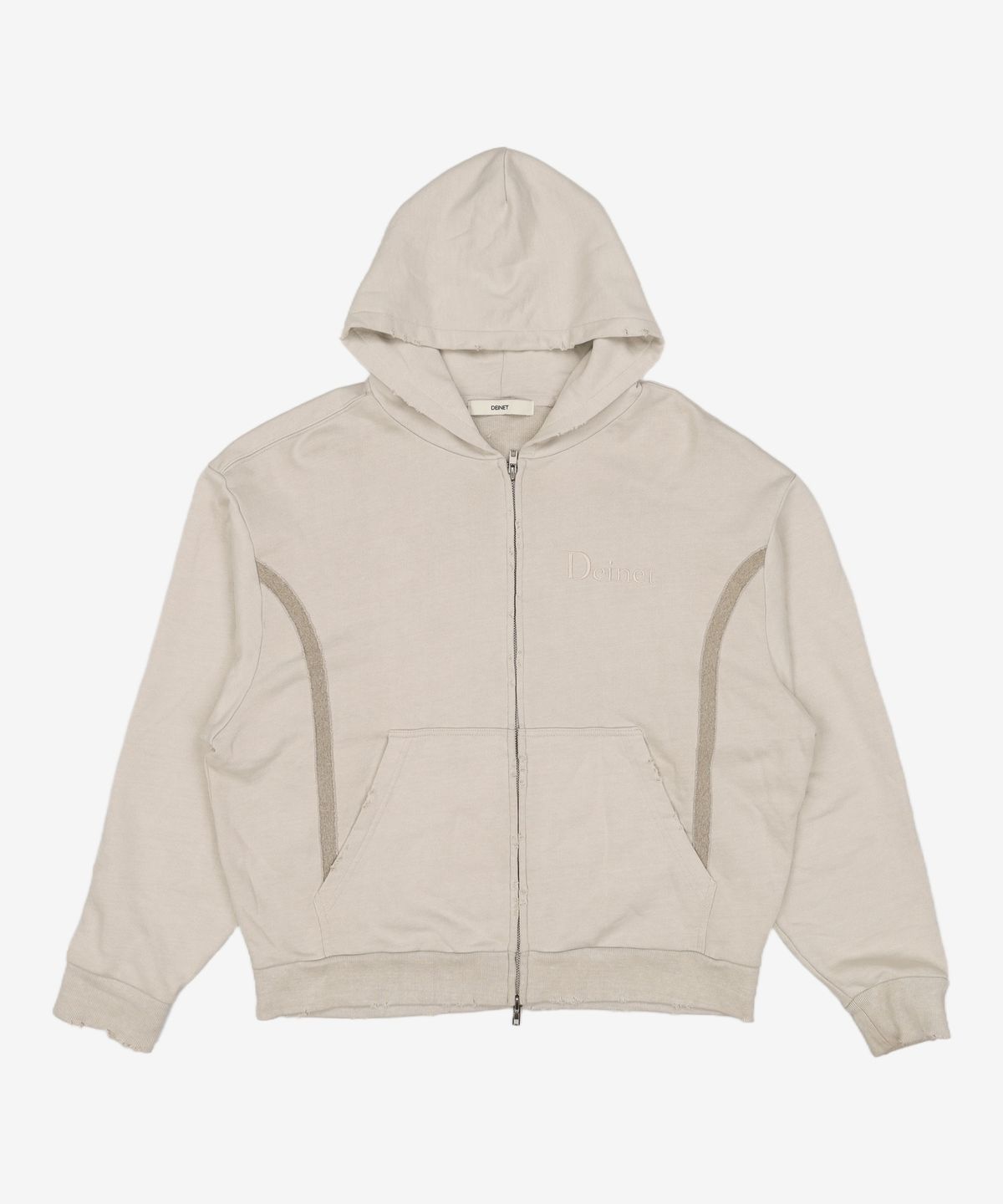 다이닛(DEINET) CUT OFF DETAIL ZIP-UP HOODIE IN BEIGE FREE