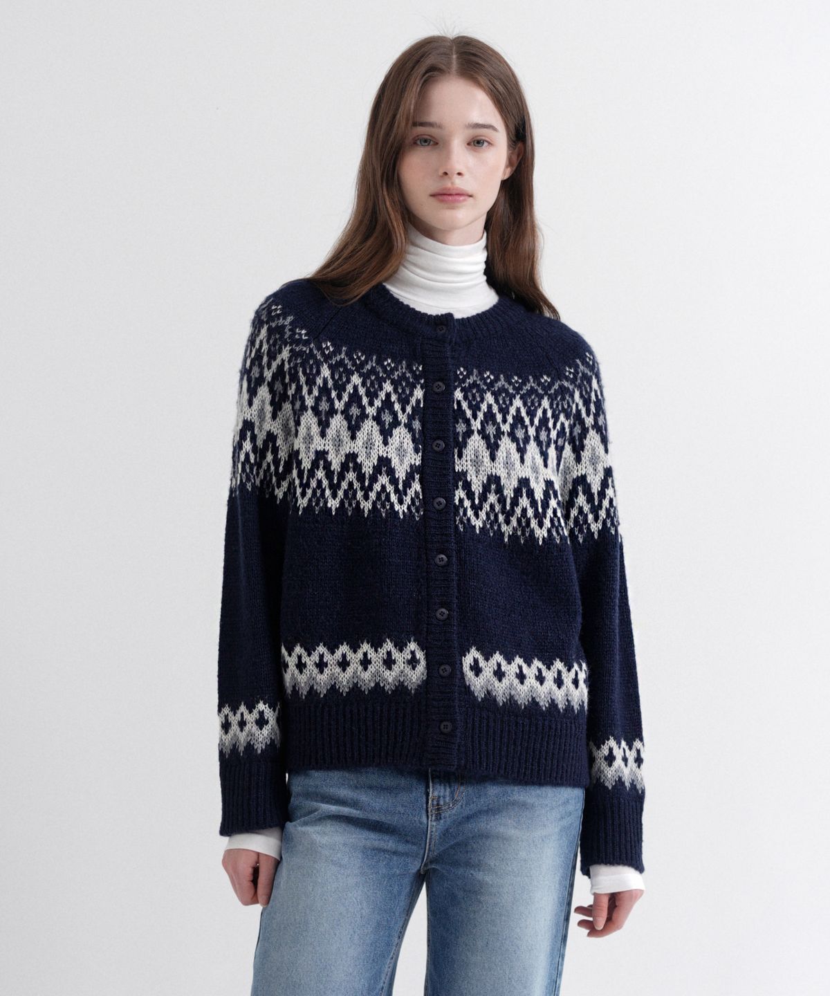 블레티(VLETI) Wool Jacquard Knit Cardigan (navy)