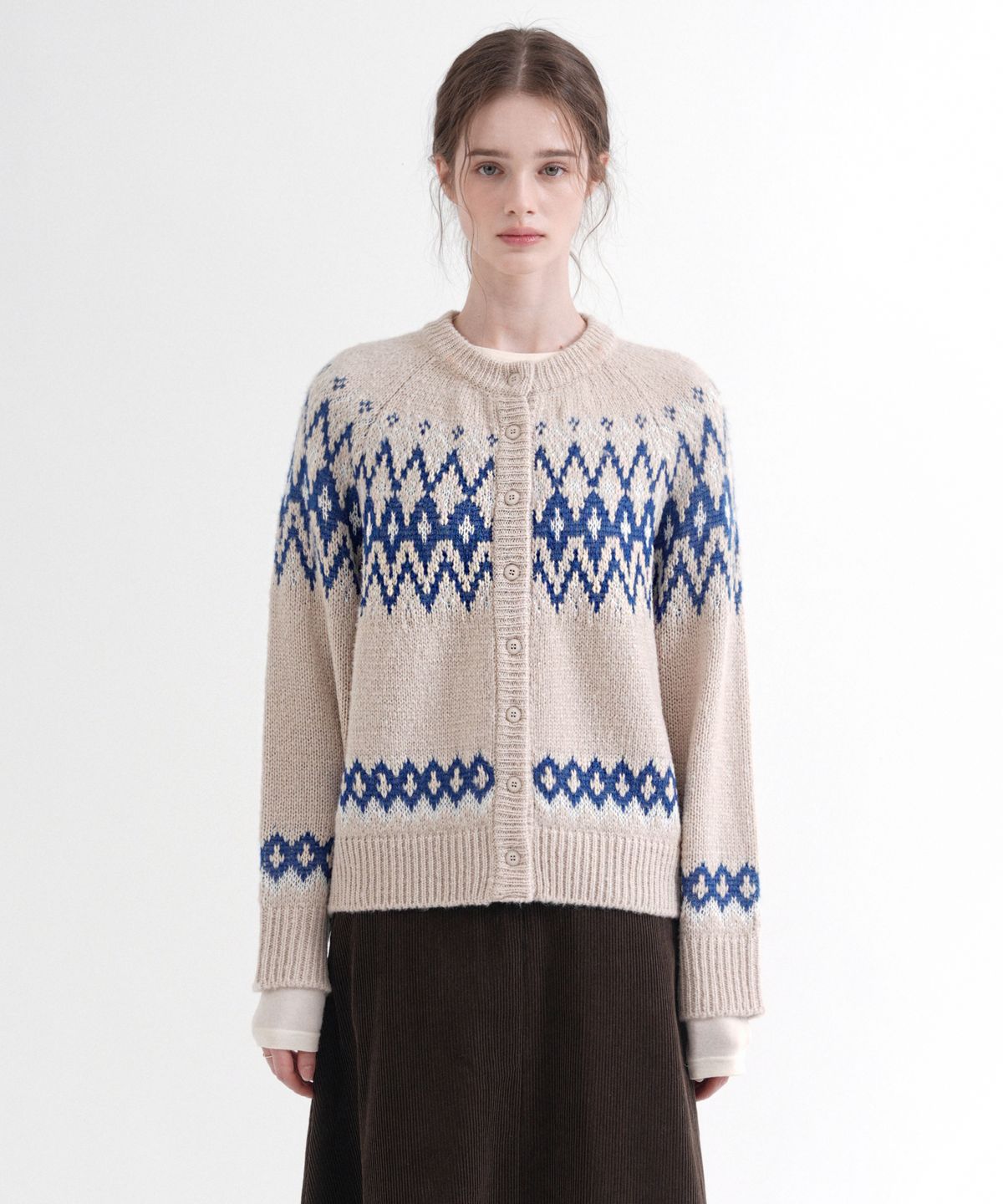 블레티(VLETI) Wool Jacquard Knit Cardigan (beige)