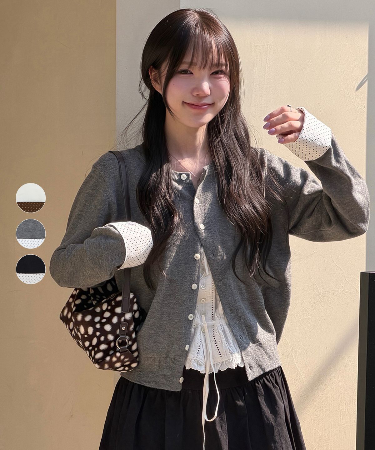 웬즈데이오아시스 포 우먼(WEDNESDAYOASISFORWOMEN) [무신사 에디션 X 세니] 도트 셔츠 레이어드 카디건_3COLOR