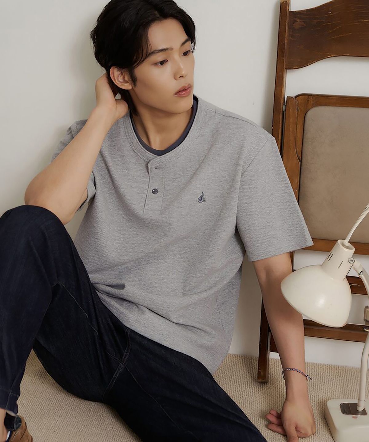 빈폴 멘(BEANPOLE MEN) 레이어드 헨리넥 반소매 티셔츠  그레이