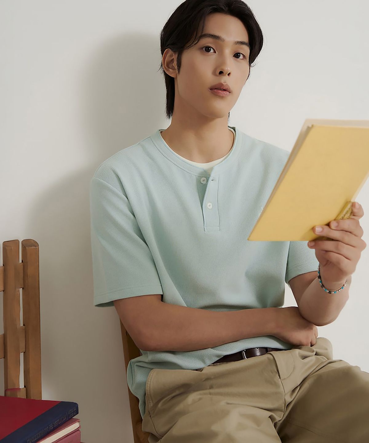 빈폴 멘(BEANPOLE MEN) 레이어드 헨리넥 반소매 티셔츠  라이트 그린