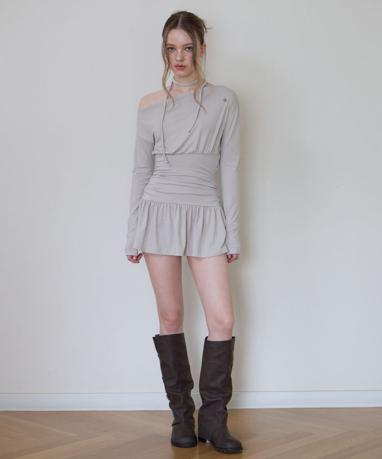 Tie Off Shoulder Mini Dress [Beige]