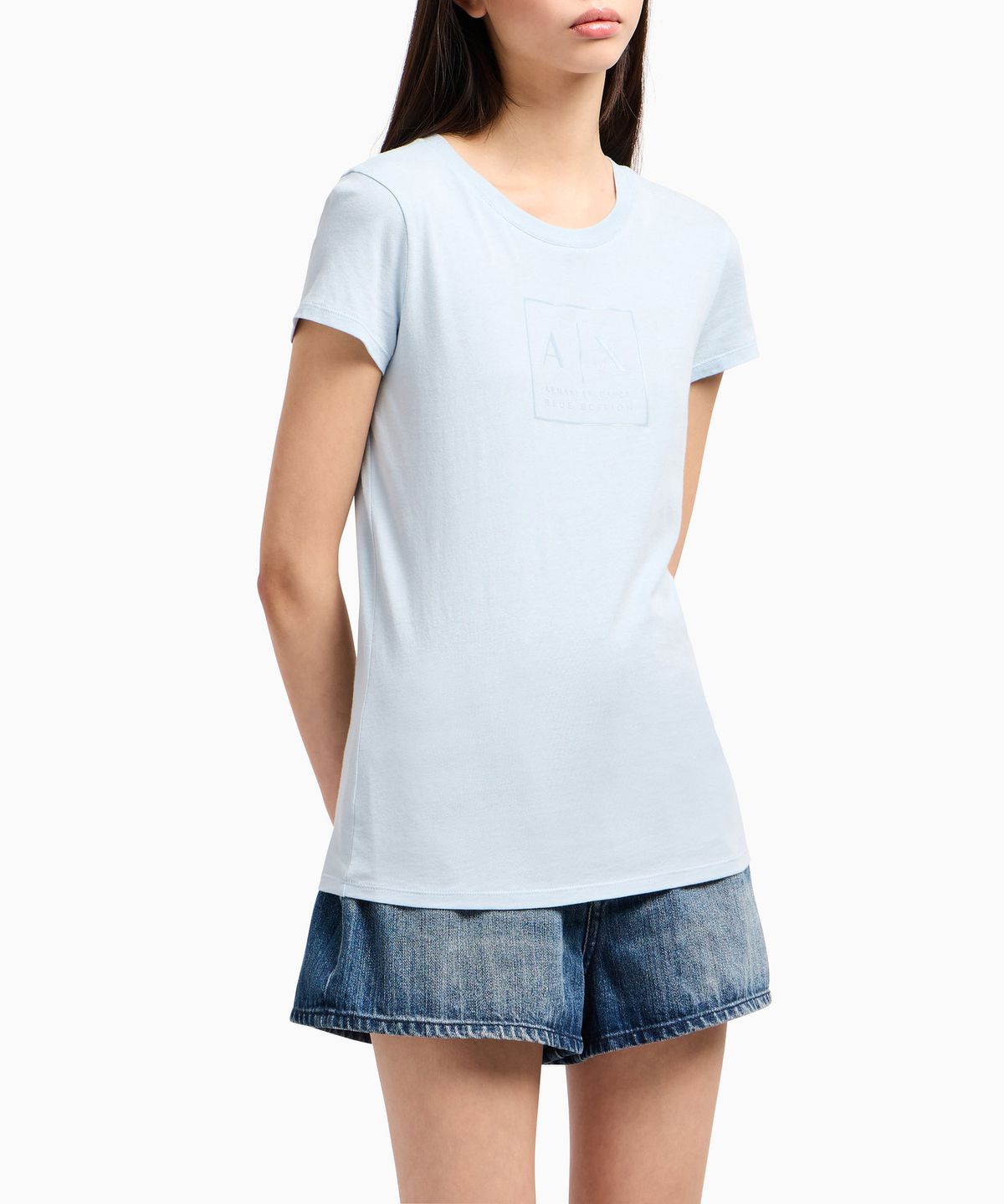 아르마니 익스체인지(ARMANI EXCHANGE) 여성 톤온톤 로고 코튼 티셔츠 _블루_A425130522